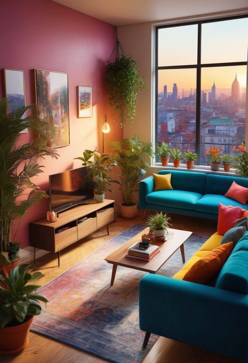 A cozy, inviting apartment interior showcasing stylish yet affordable furniture, warm lighting, and cheerful decor; colorful plants add a touch of life, with a backdrop of a view from a window representing a vibrant cityscape. Include elements of happiness like a small family enjoying the space together. super-realistic. vibrant colors. warm atmosphere.