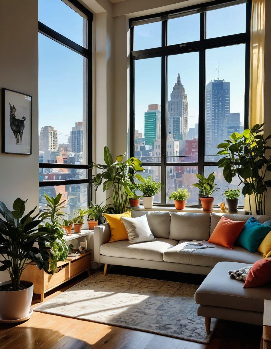 A cozy, sunlit apartment with large windows showcasing a vibrant city view. Include a stylish, modern interior with colorful decor and houseplants that evoke joy and comfort. Add whimsical elements like happy little sunbeams dancing around the room, and a cheerful cat lounging on a plush couch. Capture the essence of a dream home filled with warmth and positivity. super-realistic. vibrant colors. soft focus.