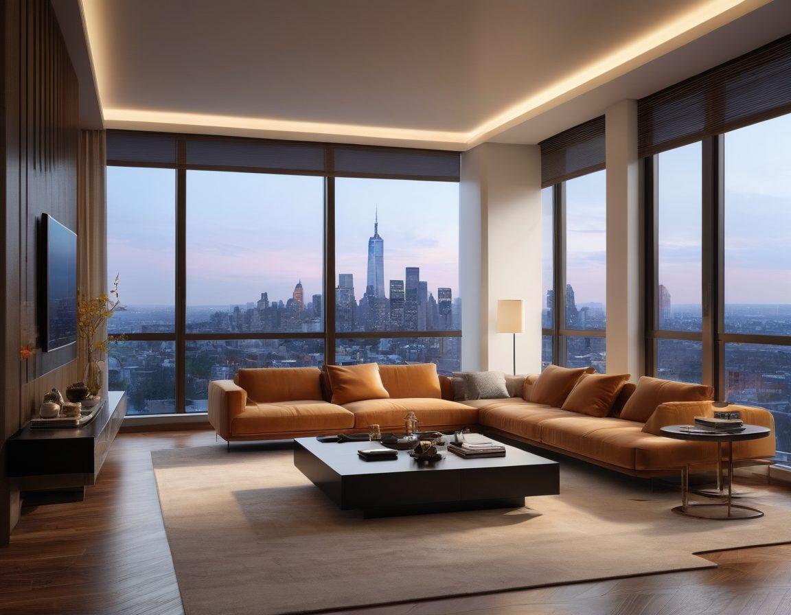 A beautifully designed apartment interior that seamlessly transitions from a cozy living space with warm lighting, plush furniture, and personal touches, to a luxurious area with sleek modern decor, high-end finishes, and floor-to-ceiling windows showcasing a stunning city view. The scene should blend comfort and elegance harmoniously. super-realistic. vibrant colors. warm ambiance.